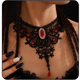 ELUYIVIA Goth Necklaces and Earrings for women Vintage Vampire Red Lace Choker Necklace Punk Rock Collar Gothic Necklace Halloween Party Cosplay