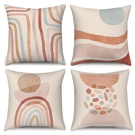 ASDCXZ Boho Cushion Cover 40 x 40 cm Set of 4 Modern Abstract Art Boho Sun Line Beige Decorative Cushion Covers Washable Polyester Flax Textile Cushion Cover