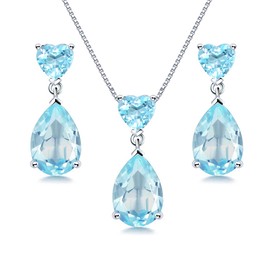 JIANGXIN 18"~20" Pear cut Gemstone 925 Sterling Silver Pendant Necklace Drop Earrings Jewelry Set for Women Heart Pendant Necklace Heart Earrings (Aquamarine)