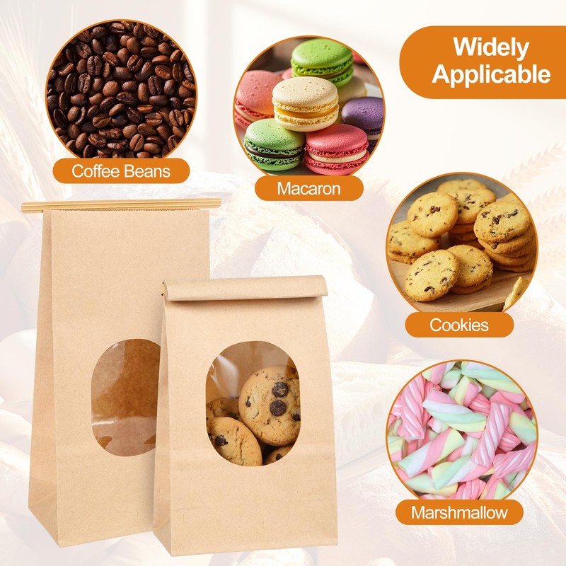 Bakery Bags with Window, 100Pcs, 5.1x2.75x9.6 in, Kraft Paper, Reusable