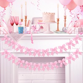 2Pcs Pink Ribbon Bow Party Banner Garland, Pink Bow Party Decortions, Girls Bow Birthday Decorations, Baby Shower Decor, Bridal Shower Bachelorette Wedding Party Supplies
