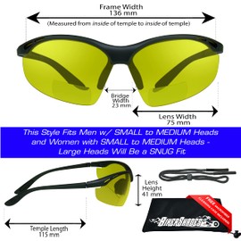 Bikershades Safety Bifocal Reader Glasses Yellow Night +2.50 w/Strap Men Women Wrap-Around