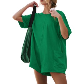 GTETKDE Rompers for Women Casual Short Sleeve Oversized Athletic Jumpsuits Workout Hot Shot Tee Romper Overalls with Pockets GreenS