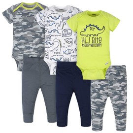 Onesies Brand Unisex Baby 3 Onesies 3 Pants Outfit Bundle Mix n Match Newborn to 12M, Grey Green Camo Dino, 12 Months