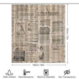 Newspaper Vintage Shower Curtains for Bathroom, Retro Yellowed French Art Old Historic Journal Paper Lettering Print Decor Bath Drapes Set with Hooks, Waterproof Fabric Windows Treatment, 66x72in