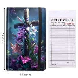 Server Book for Waitress & Waiter 9" x 5" Serving Books Organizer with Zipper Money Pocket Restaurant Guest Check Book Pen Holder Wallet Note Pads Fit Server Aprons,Christian Jesus Cross Flower