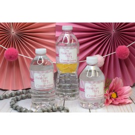 First Holy Communion Religious Waterproof Water Bottle Sticker Wrappers for Girls, 20 1.75" x 8.5" Wrap Around Labels by AmandaCreation