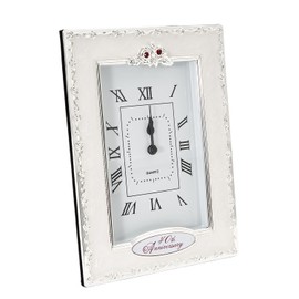 Happy Homewares Traditional 40th Anniversary Clock in White Epoxy with Silver Plated Roses and Red Diamante Crystals | Quartz Technology