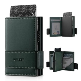 VULKIT Card Holder Bifold Pop Up Leather Wallet for Men RFID Blocking Metal Card Case, Holds 9 Cards and Banknotes Green