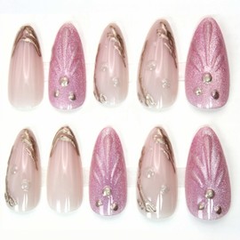 Sparkly 3D Shells Press on Nails 3D Gold Curve Line False Nails Summer Mermaid Nails Press ons with 3D Pearl Pink Shell Designs False Nails Water Drop Glue on Nails for Women Artificial Cute Nails