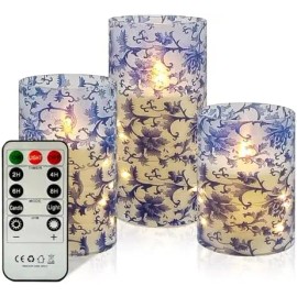 Vintage Blue Floral Print 3-Pack Flameless LED Pillar Candles 11-Key Remote Timer Star String Lights Battery Operated for Homecolor: Dark Blue, size: High:6" x 3" ;Medium:5" x 3" ;Low:4" x 3"