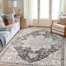 Puremy Area Rug 4x6, Washable Boho Rugs for Living Room, Vintage Low Pile Bedroom Rug, Non Slip Floral Print Small Carpet for Kitchen Dining Room Entrance Home Decor, Grey