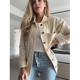 ZOLUCKY Women's Shacket Jacket Long Sleeve Shirts Casual Button Down Corduroy Jacket Fall Blouse Tops, Off White Medium