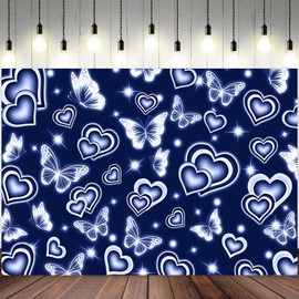 ASDCXZ 8x6ft Y2K Backdrop Blue Heart Early 2000s Photography Background Old School 90s Love Butterfly Wedding Party Valentine's Day Banner Decorations Newborn Baby Shower Birthday Photo Booth Prop