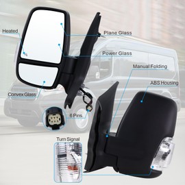 Lqito Left Driver Side Mirror Compatible With 2015-2025 Ford Transit 150 250 350 350HD With Power Glass Manual Folding Heated Turn Signal Matte Black (Short Arm) Replace#CK4Z-17683-CA(6Pins)