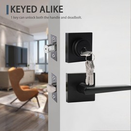 Deadbolt Lock And Door Knob Set, Exterior Door Lock Set With Deadbolt, Square Door Knobs Exterior And Deadbolt Set, Heavy Duty Entry Door Lever With Single Cylinder Deadbolt, (Matte Black 2Pack)