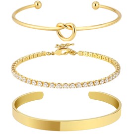 3pcs Gold Bangle Bracelets for Women, 14k Gold Plated Bracelet Love Knot Bracelets, Tennis Bracelets Gifts for Women Stack Cuff Bangles Adjustable Jewelry Set