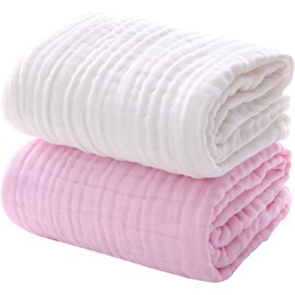 ZONEY Baby Bath Towel 2 Pack, 100% Muslin Cotton Hooded Towel for Newborn,Toddler,Infant, Absorbent & Hypoallergenic 43"x43" (White,Pink)