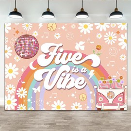 Lofaris 7x5ft Groovy 5th Birthday Backdrop Pink Daisy Rainbow Van Birthday Background Hippie Five is a Vibe Bday Photography for Kids Girl Party Banner Decorations Photo Booth Studio Prop