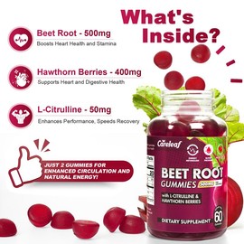 Careleaf Sugar-Free Beet Root Gummies, 500mg – Vegan, Non-GMO, Gelatin-Free, Heart Health & Energy Support with L-Citrulline & Hawthorn, 60 Count