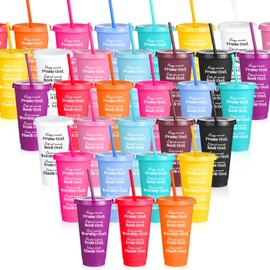 Tioncy 36 Packs Christian Gifts Bulk for Men Women 24oz Bible Verse Tumbler Plastic Coffee Cups with Lids and Straws Inspirational Religious Gifts for Church Christian Party Favor (Stylish Color)