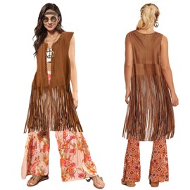 70s Fancy Dress Women, Hippy Fancy Dress for Women, 70s Fancy Dress Plus Size, Cowboy Vest Fringe with Hippie Accessories, Hippie Clothes, 60s 70s Costumes Outfits, Adult World Book Day Costumes Women