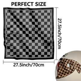 Deokke 2PC Scarf Silk Feeling Square Satin Headwear Hair Scarf Wrap 27.5 Inches Bandana Trendy Aesthetic Cute Decoration for Women Girls-Brown Gray Checkered
