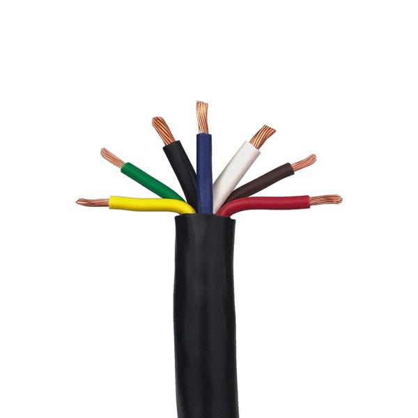 7 Conductor Trailer Cable, 10-12-14 AWG GPT, Color Coded PVC Wires with PVC Jacket, 50' Length