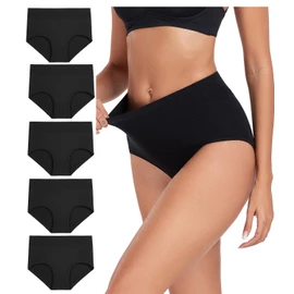 wirarpa Women's Cotton Underwear Black High Waist Briefs Ladies Soft Panties Full Coverage Underpants 5 Pack Large