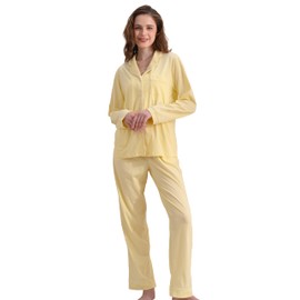 NAP BOUND 100% Cotton Pajamas for Women Set 2 Piece Yellowish XL Button Down PJs Long Sleeve Soft Breathable Loungewear (Yellowish,XL)