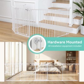COMOMY 127.8" Extra Wide Baby Gate, Dog Gate for House Stairs Doorways Fireplace, Auto Close Pet Gate with Door Walk Through, 5 Metal Panels, Hardware Mounted Baby Fence Indoor Outdoor(30" Tall,White)