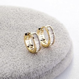 Yellow Gold Plated 925 Sterling Silver Brilliant Cubic Zirconia Huggie Trendy Elegant Hypoallergenic Iced Cz Baguette Hoop Earrings For Men Women, Medium, Sterling Silver, Cubic Zirconia
