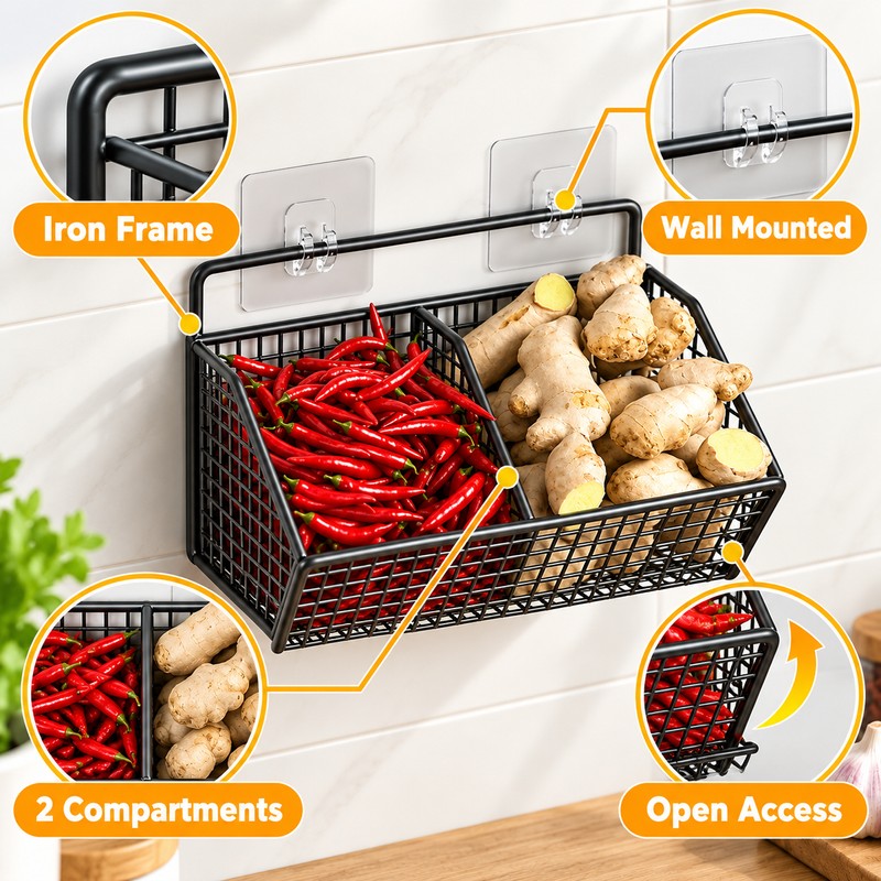 Wall-Mounted Kitchen Storage Rack for Food Organization – Iron Hanging