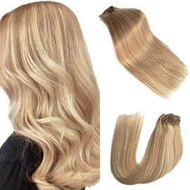 Blonde Highlights Clip in Hair Extensions Real Remy Human Hair Extensions Clip on 120g 7pcs Thicken Double Weft Full Head Ponytail Wrap Strawberry Blonde Mixed 613 Blonde Clip in Extensions 18 Inch