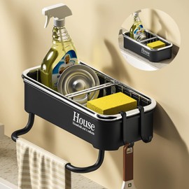 MENGCOOL Sink Caddy, Kitchen Sink Caddy Organiser Sink Sponge Holder for Sink Tid, Stainless Steel Sink Tidy Organiser Wall Mounted Wall Mounted/Hanging for Kitchen Accessories (Black)