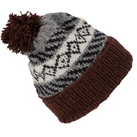 GURU SHOP Bobble Hat from Nepal, Hat Made of Virgin Wool, Winter Hat - Grey/Brown, Men/Women, Size: One Size, grey / brown