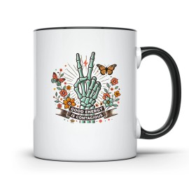 EliteGear4U GOOD ENERGY IS CONTAGIOUS MUG FLORAL SKELETON HAND MUG BUTTERFLY PEACE SIGN MUG