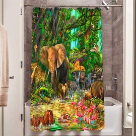 Gdmoon Jungle Animal Shower Curtain Tropical Forest Elephant Lion Flamingo Giraffe Zebra Monkey Leopard Rhino Parrot Deer Cartoon Wildlife Zoo for Bathroom Decor Bathtub Curtain 48x72In YLWHGD925