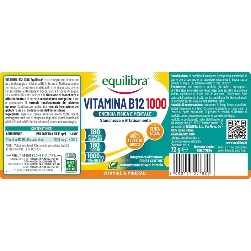 Equilibra, Vitamina B12 Metilcobalamina, Alto Dosaggio 1000 mcg per dose,