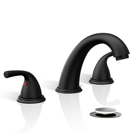 Phiestina 8 Inch 3 Hole Matte Black Widespread Bathroom Faucet, Low Arc Basin Sink Faucet, with Metal Pop-up Drain with Overflow and Water Supply Line, BF03008-B11-MB