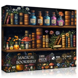 Magic Bookshelf Puzzles for Adults 1000 Pieces, Vintage Book Wildflower Pages Jigsaw Puzzle 1000 Pieces, Plant Floral Potion Mushroom Puzzle, Retro Challenging Hard Puzzle for Book Lovers