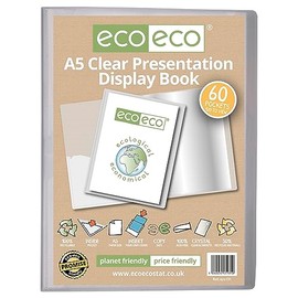 eco-eco A5 Size 50 Percent Recycled 60 Pocket Clear Presentation Display Book, Storage Case Portfolio Art Folder with Plastic Sleeves, eco131