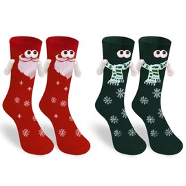 Estivaux 2 Pairs Christmas Holding Hands Socks Funny Magnetic 3D Doll Socks Xmas Santa Snowflake Couple Socks Red Green Magnetic Holding Hands Socks for Women Men Christmas Party Supplies