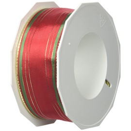 Prasent 40 mm 20 m Chamonix Wired Striped Decor Taffeta with Golden Edges, Red/ Green