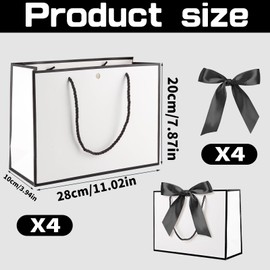Yiran 4Pcs Medium White Black Gift Bag with Greeting Handles and Ribbon for Girls Boys Wedding Party Christmas Valentines Wrapping Bag Decorations Supplies