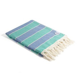 InfuseZen Terry Cloth Lined Turkish Towel with Colorful Striped Design, 100% Cotton Beach Peshtemal, Oversized Quick Dry Travel Pool Hammam (Mint/Blue)