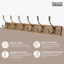 keypak Rustic Wall-Mounted Coat Rack 6 Hook Rail, 69cm, Handcrafted Dark Wood with Antique Brass Hooks for Coats, Towels & Bags