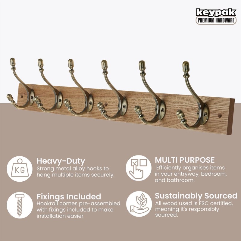 keypak Rustic Wall-Mounted Coat Rack 6 Hook Rail, 69cm, Handcrafted