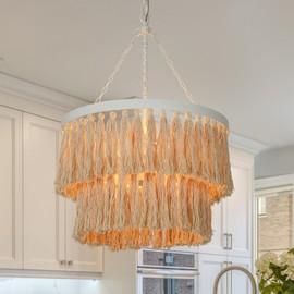 KSANA Boho Chandelier, 3-Light 2-Tier Tassel Coastal Pendant Chandeliers Light Fixture with Cotton Fringes for Dining Room, Bedrooms, Entryway, Foyer