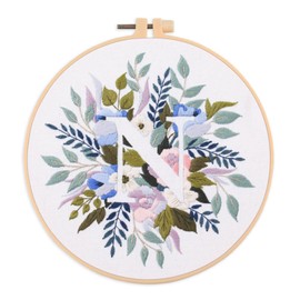IUHUI Embroidery Kit for Beginners and Adults - 26 Pcs Floral Letters Easy Pattern DIY Hand Stitched Embroidery Set with Hoop (Letter N Flower Grass)